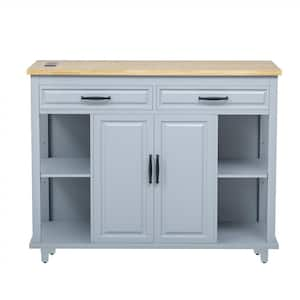 Blue Wood 47 in. Kitchen Island with Power Outlet, Extendable Dining Table, 2 Doors and 2 Drawers