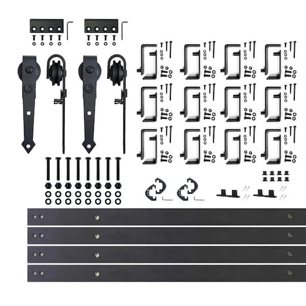 HOMACER 15 ft./180 in. Black Rustic Double Track Bypass U-Shape Sliding Barn Door Hardware Kit - Arrow Design Roller