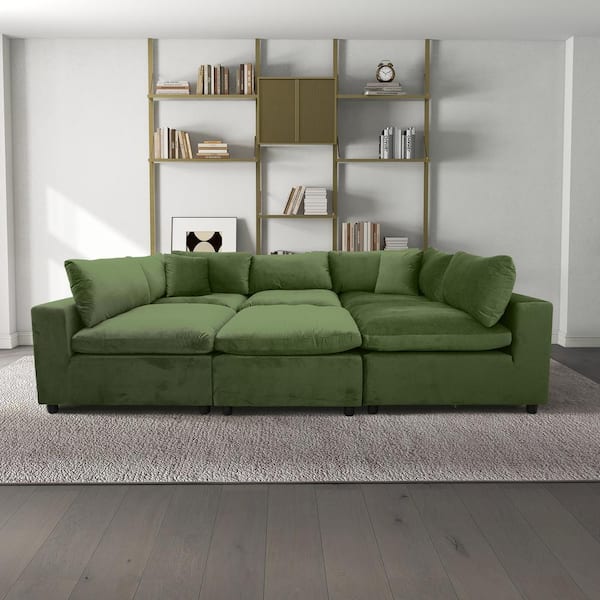 Ashcroft Furniture Co Lorraine 112 in. Square Arm Velvet 6-Piece Modular Sectional Sofa in Olive Green
