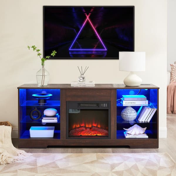 Espresso TV Stand Entertainment Center Fits TVs Up to 62 in. with LED Lights Electric Fireplace and USB Charging