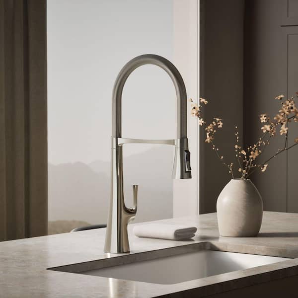 Graze Single Handle Semi-Professional Kitchen Sink Faucet with 3-Function Sprayhead in Vibrant Polished Nickel