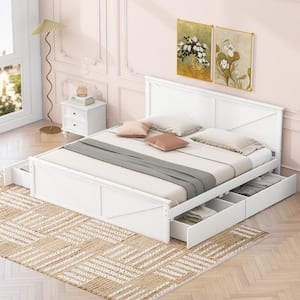 White Wood Frame King Size Platform Bed with 4 Storage Drawers
