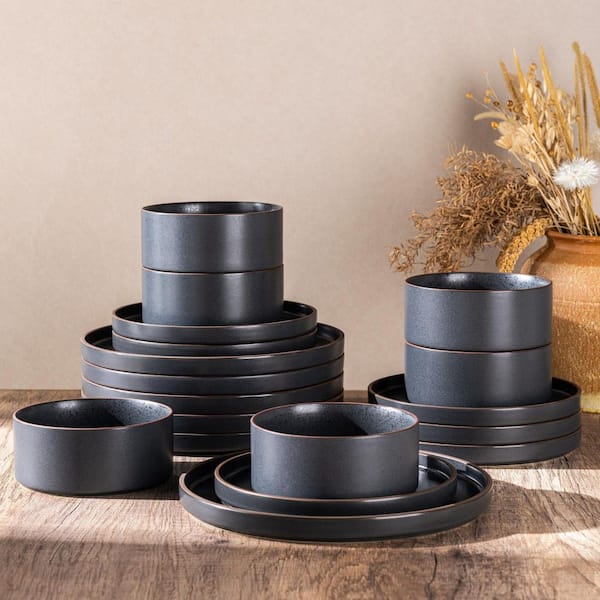 Multi-Colored Ceramic Dinnerware Set for 4 with High Edge Stoneware Plates and Bowls Ashen Service for Four Oven Safe