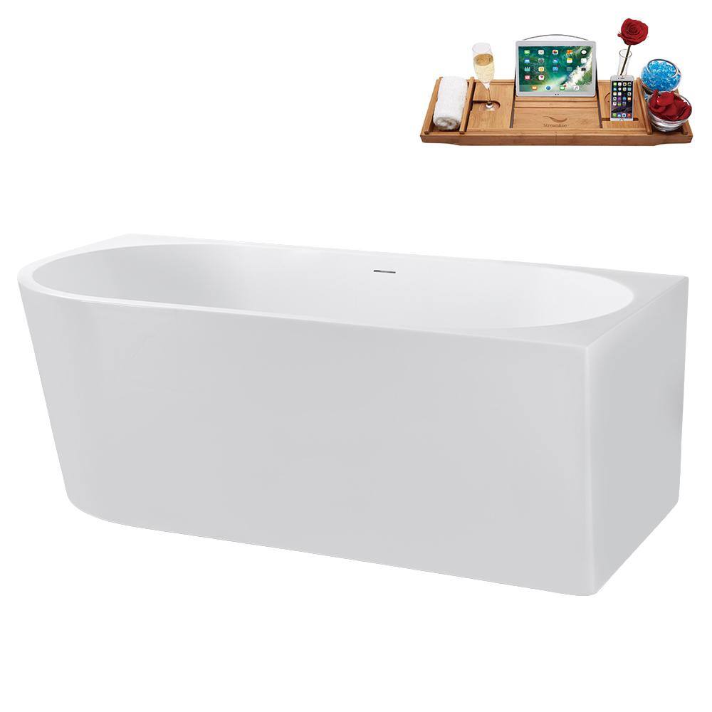 67" Glossy White Acrylic Freestanding Soaking Tub with Tray