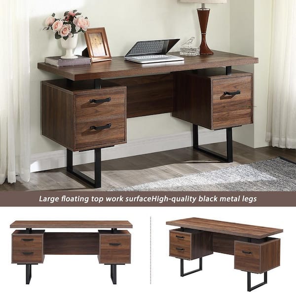 Welwick Designs HD8462 Rectangular 3-Drawer Writing Desk with Storage, Dark Walnut