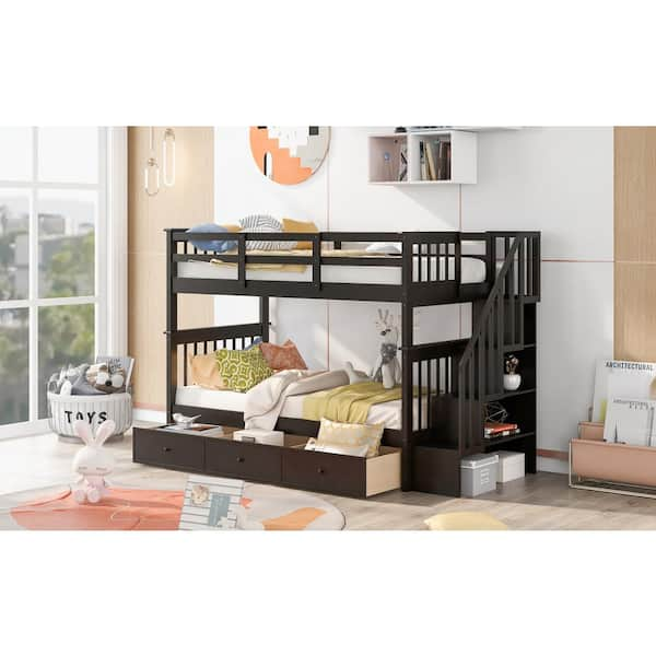 ANBAZAR White Twin Bunk Bed with Stairway, Wood Bunk Bed with Book Shelf  and Guard Rail, Wood Kids Bunk Bed Frame 01887ANNA-K - The Home Depot