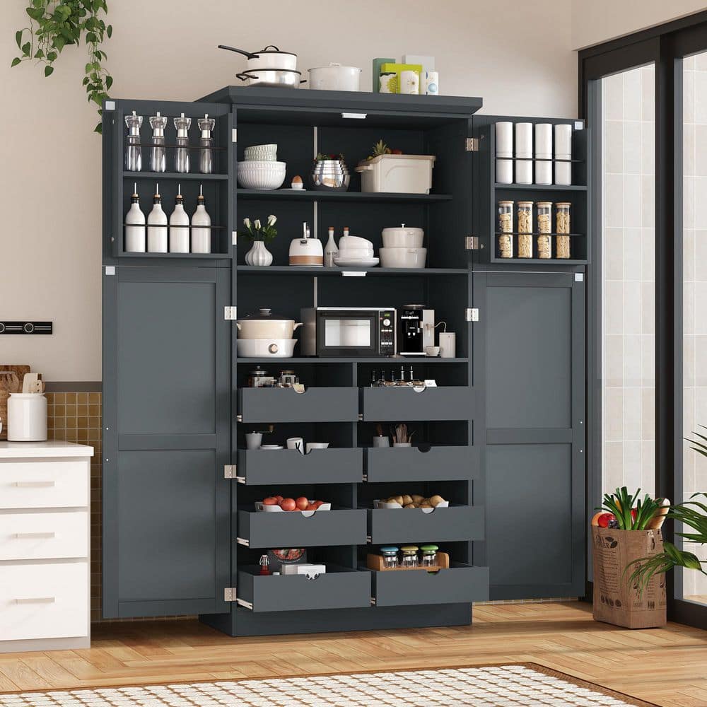 Messer Gray Wood 35.5 in. Buffet Sideboard Tall Accent Storage Cabinet with Pull-Out Trays, Adjustable Shelves, Doors