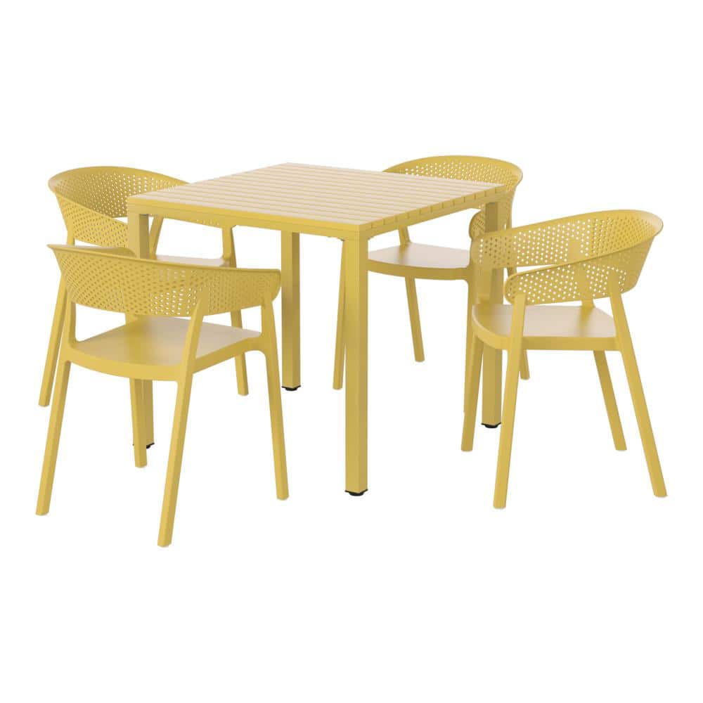 Frond&Form Outdoor Patio Modern 5-Piece Dining Set w/ Square Metal Frame Table and Stackable Plastic Chairs, Yellow price history on PriceWatchPro