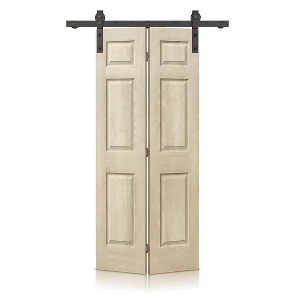 CALHOME 24 in. x 84 in. Vintage Cream Stain 6-Panel MDF Hollow Core Composite Bi-Fold Barn Door with Sliding Hardware Kit