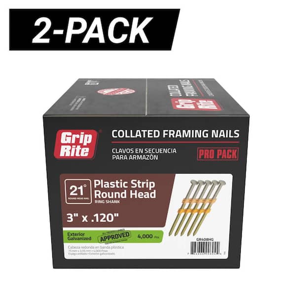 2-Pack 3 in. x 0.120-Gauge 21° Plastic Collated Exterior Galvanized Ring Shank Framing Nails 4000/Box (8000/Bundle)
