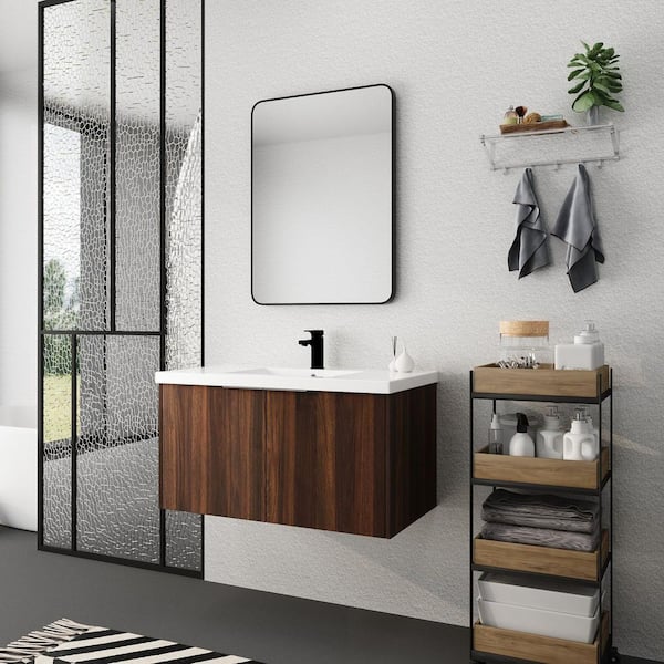 Anky 35.4 in. W x 18.1 in. D x 19.3 in. H Single Sink Bath Vanity in California Walnut with White Resin Top