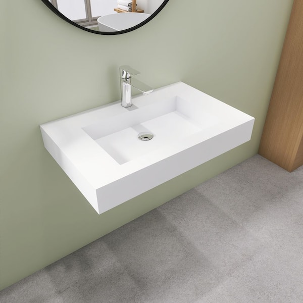 30 in. Wall Mount Vessel Sink with Faucet Hole, Rectangle Solid Surface Bathroom Vessel Sink