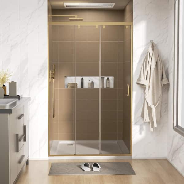 48" W x 76" H Sliding Framed Shower Door in Brushed Gold with  5/16" (8mm) Clear Tempered Glass and Easy Clean Coating