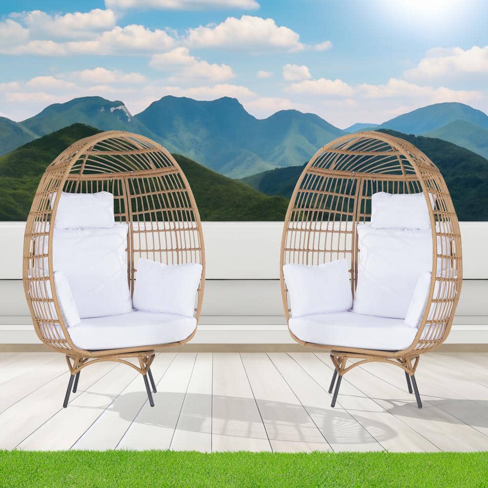 2-Pieces Patio Wicker Swivel Egg Chair, Oversized Indoor Outdoor Egg Chair,