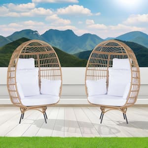 2-Pieces Patio Wicker Swivel Egg Chair, Oversized Indoor Outdoor Egg Chair, Brown Rattan White Cushions
