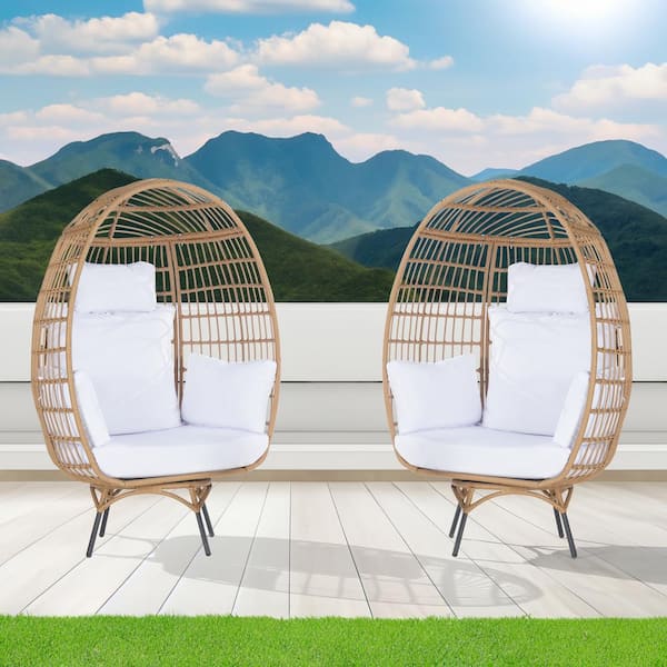 SANSTAR 2-Pieces Patio Wicker Swivel Egg Chair, Oversized Indoor Outdoor Egg Chair, Brown Rattan White Cushions