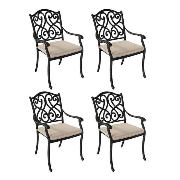 Clihome Set of 4 Cast Aluminum Outdoor Patio Vintage Carved Dining Chair with Beige Removable Cushion