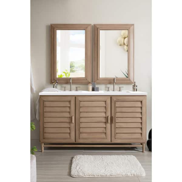 James Martin Vanities Portland 60.0 in. W x 23.5 in. D x 34.3 in. H Bathroom Vanity in Whitewashed Walnut with White Zeus Quartz Top