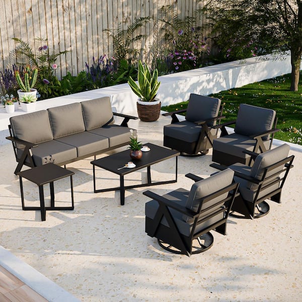 7-Piece Black Aluminum Patio Conversation Set Swivel Chair with Gray Cushions and Coffee Table
