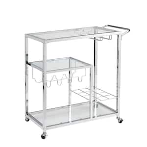 Contemporary Chrome Bar Serving Cart With Wheels
