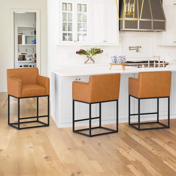 LUE BONA Hampton 26 in. Whiskey Brown Modern Faux Leather Bar Stool Square Metal Frame Counter Height Bar Stool (Set of 3)