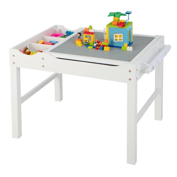 White Kids Multi Activity Play Table Wooden Building Block Desk with Storage Paper Roll Playard