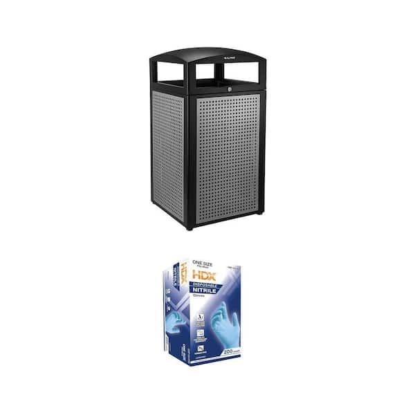 40 Gal. Steel Outdoor Trash Can with Lid and Liner plus Blue Nitrile Cleaning Gloves Combo (200 Ct)