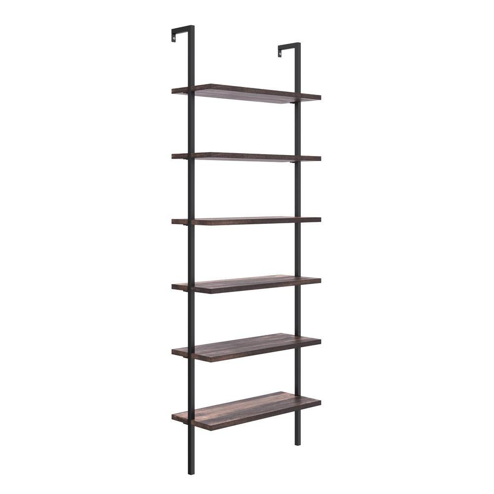 Theo 6-Tier Nutmeg & Matte Black Industrial Ladder Bookshelf