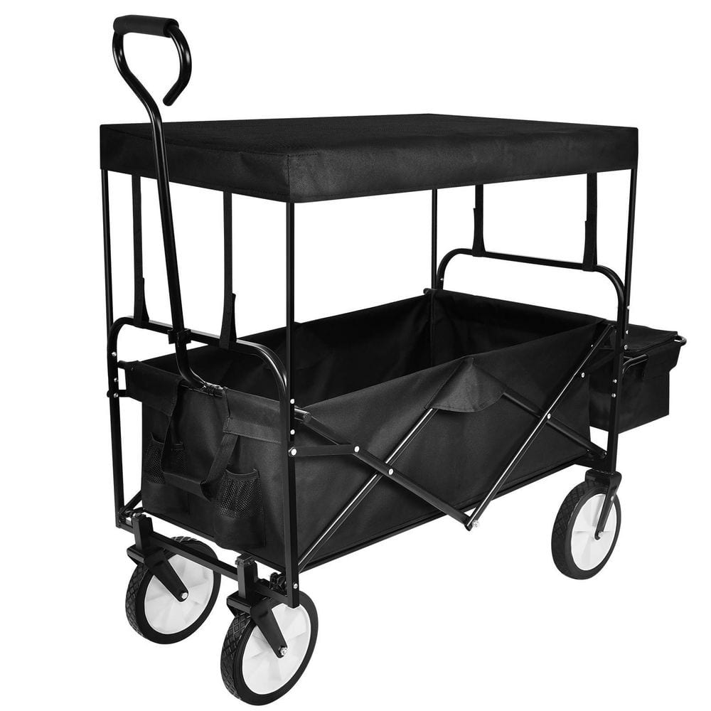 Wildaven 2 cu. ft. Black Steel Heavy-Duty Folding Portable Hand Garden Cart with Removable Canopy 8 in. Wheels Adjustable Handles