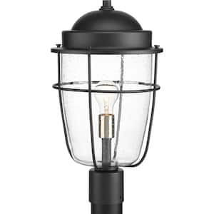 Holcombe Collection 1-Light Textured Black Clear Seeded Glass Farmhouse Outdoor Post Lantern Light