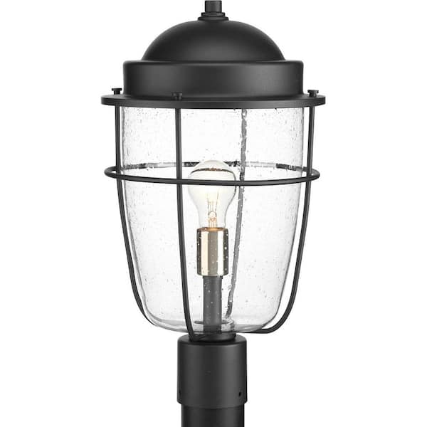 Holcombe Collection 1-Light Textured Black Clear Seeded Glass Farmhouse Outdoor Post Lantern Light