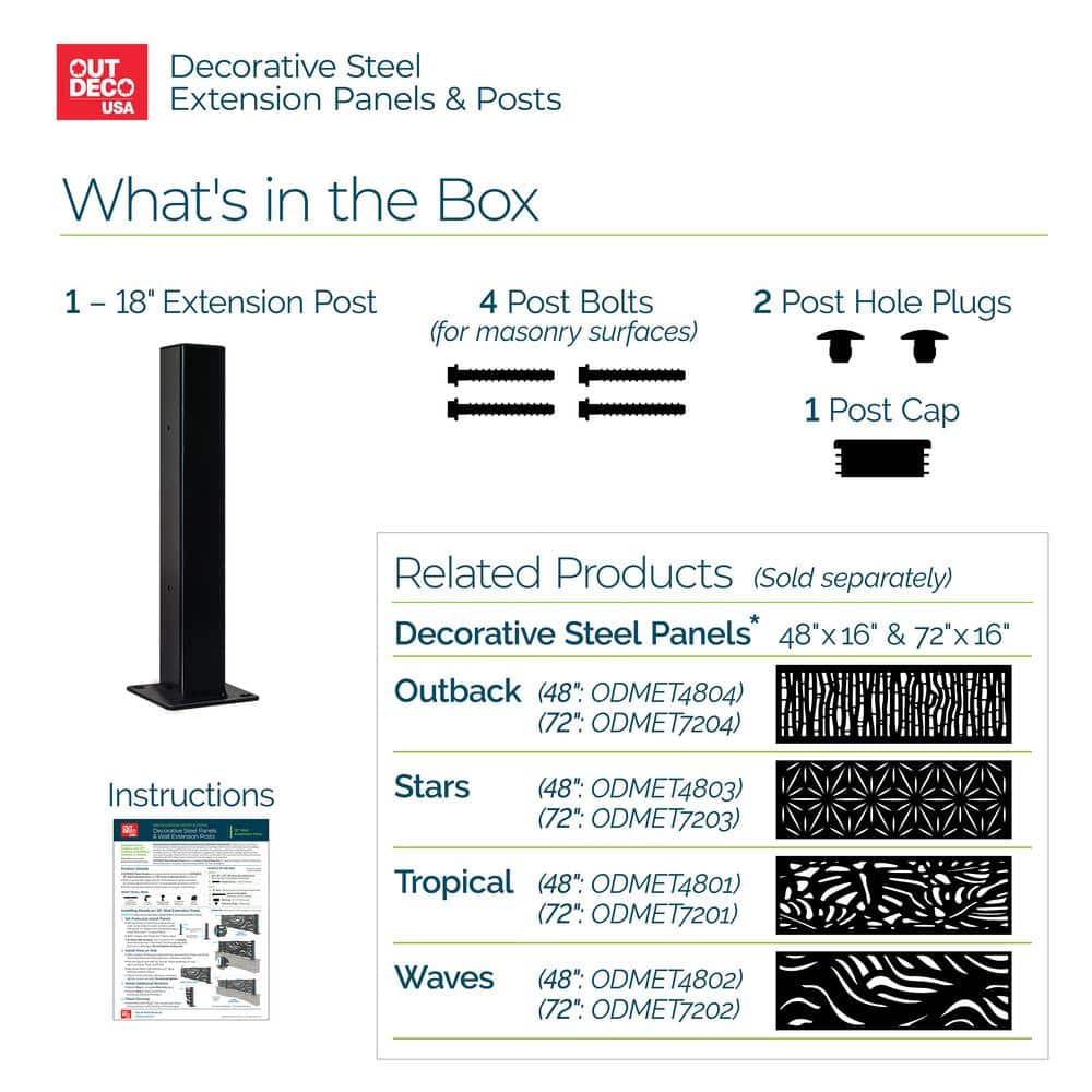 18" Black Galvanized Steel Decorative Screen Panel Post