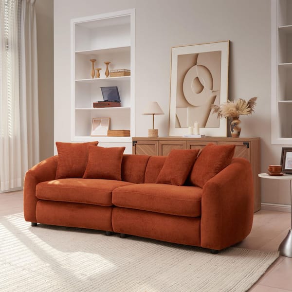 Chikafusa 87 in. Round Arm Cloud Curved Velvet 3-Seater Sofa, Orange-Red