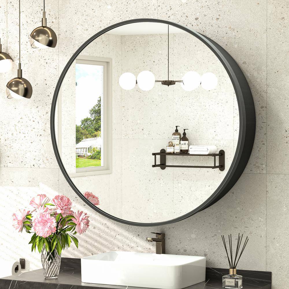 KeonJinn 24 in. W x24 in. H Round Black Metal Framed Recessed/Surface ...