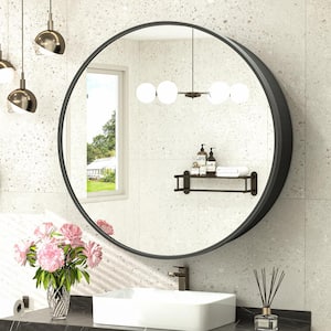 24 in. W x24 in. H Round Black Metal Framed Recessed/Surface Mount Medicine Cabinet with Mirror