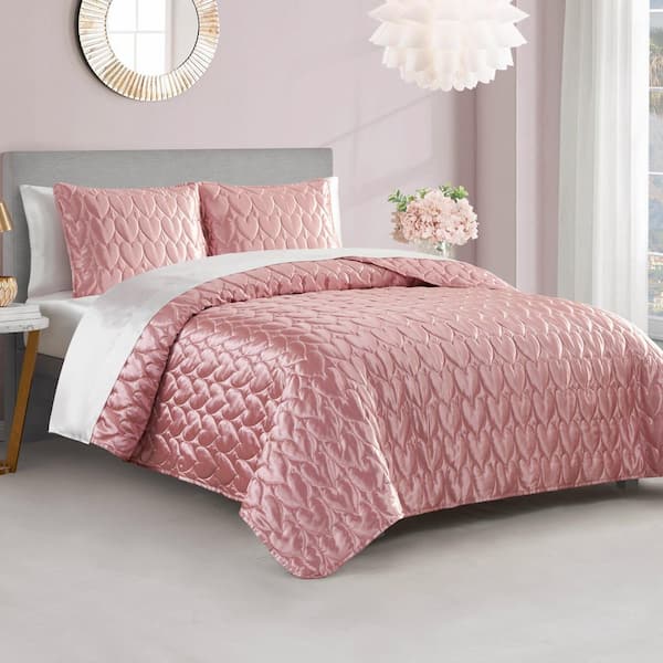 Satin Heart Stitched 2-Piece Rose Pink Geometric Polyester Twin/Twin XL Quilt Set
