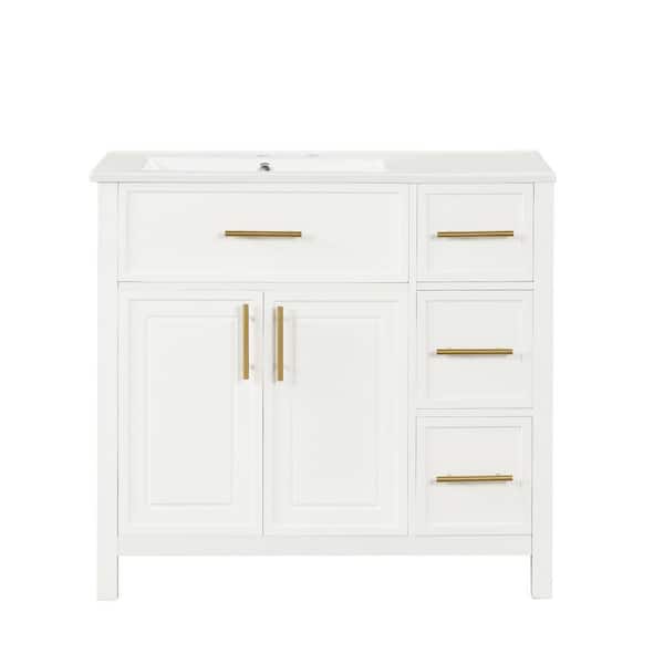 36 in. Freestanding White Bath Vanity with White Ceramic Sink Top 2 Doors and 3 Drawers