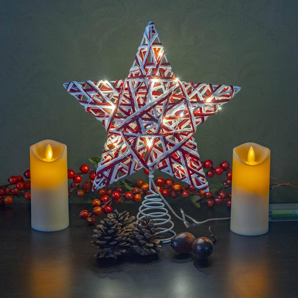 Red and White Rattan Star Tree Topper with LED Lights
