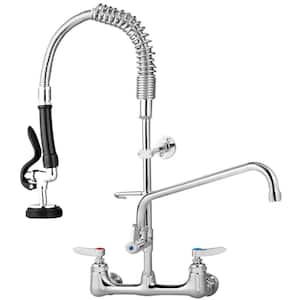 Commercial Wall Mount Triple Handle Pull Down Sprayer Kitchen Faucet with Pre-Rinse Sprayer Stainless Steel in Silver