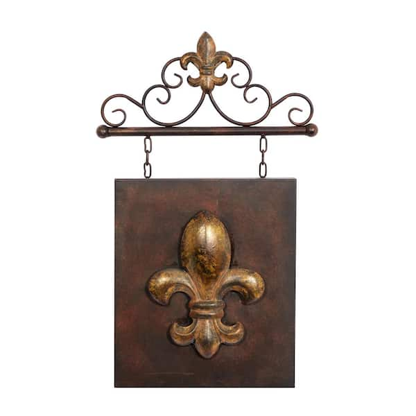 Litton Lane 15 in. x  23 in. Metal Bronze Suspended Fleur De Lis Wall Decor with Scrollwork Hanger