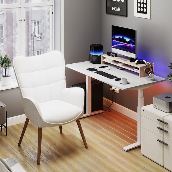 Homy Casa KGAMT Fabric Upholstered Ergonomic Gaming Chair with Wingback, High-Back Support, Adjustable Foot Pads in Cream with Arm