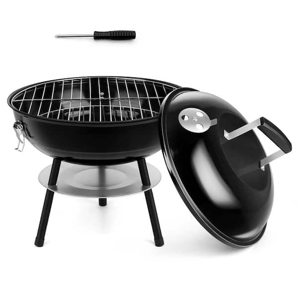 Portable Charcoal Grill 14 in . Black with Screwdriver for Backyard Garden Camping Cooking Smoking, Dual Venting System