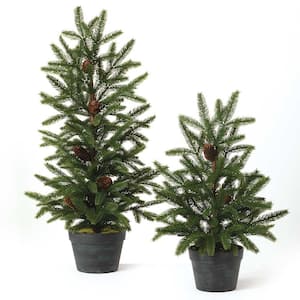 36 in. & 24 in. Green Artificial Pine with Pinecones Tree - Set of 2
