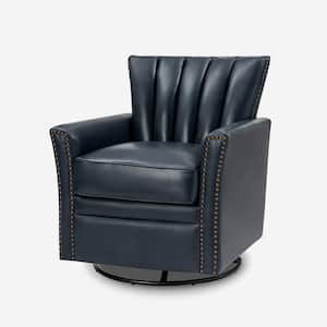 Adela Navy Genuine Leather Swivel Rocking Chair with Nailhead Trims and Metal Base