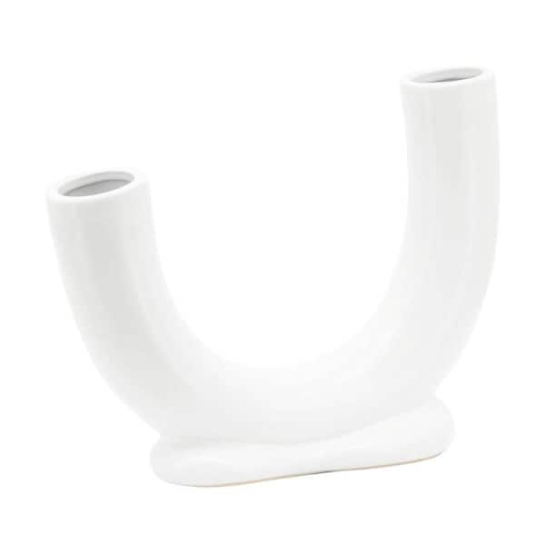 Liv & Skye 8 in. White Ceramic Geometric U-Shaped Decorative Vase with Base