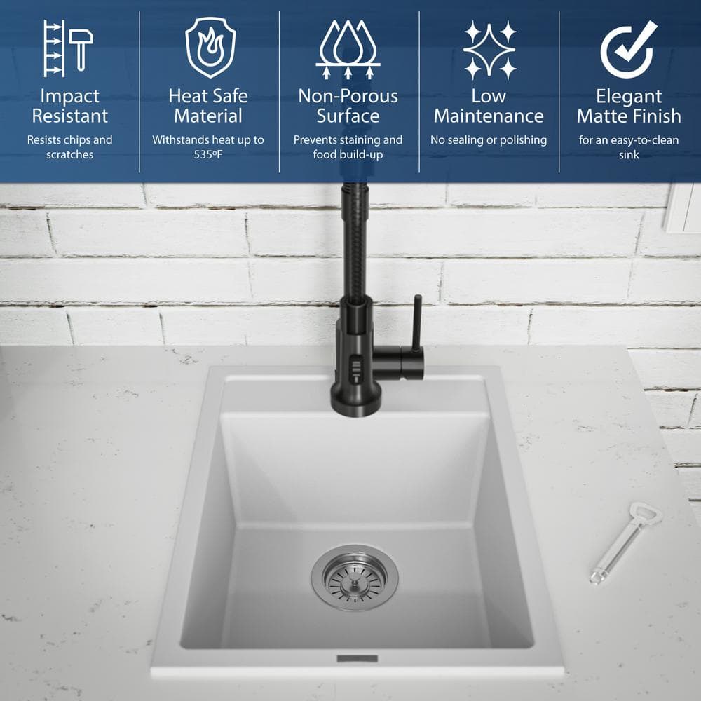 White Quartz Composite Single Bowl Drop-In Kitchen Sink