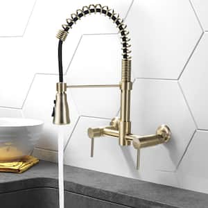 Double Handle Gooseneck Bridge Kitchen Faucet with Pull down Sprayhead in Brushed Gold Wall Mount Faucet