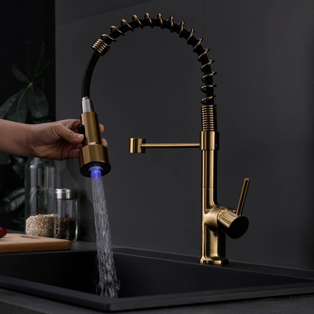 Brushed Gold Single Handle Pull Down Kitchen Faucet with LED