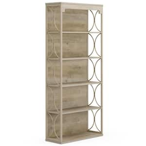 Eulas 70.87 in. Tall Light Gray Wood 5-Shelf Etagere Bookcase with Open Display Shelves and Metal Frame for Living Room