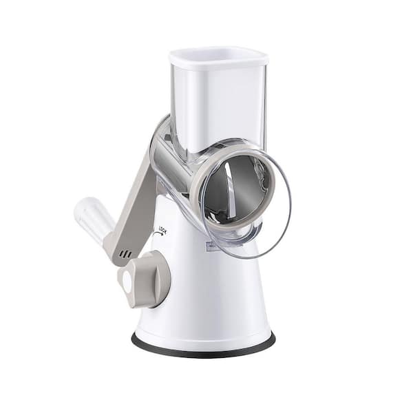 White ABS Rotary Cheese Grater, Kitchen Mandoline Vegetable Slicer with 3 Interchangeable Blades, Easy to Clean
